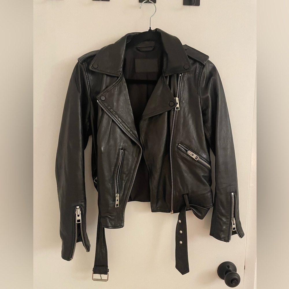 Balfern Belted Hem Leather Biker Jacket (US Size 4)